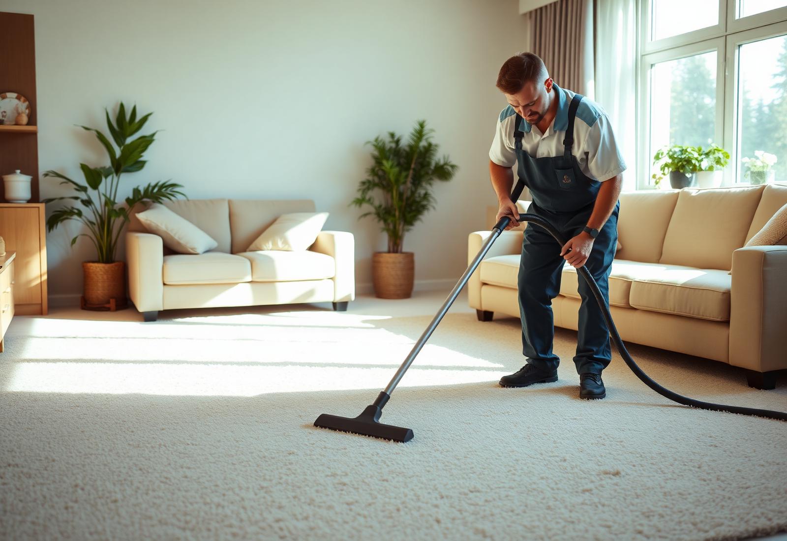 KS Carpet Cleaning technician steam-cleaning a living room carpet in a Colton, California home