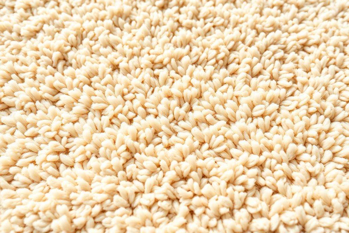 Close-up of freshly cleaned plush beige carpet fibers